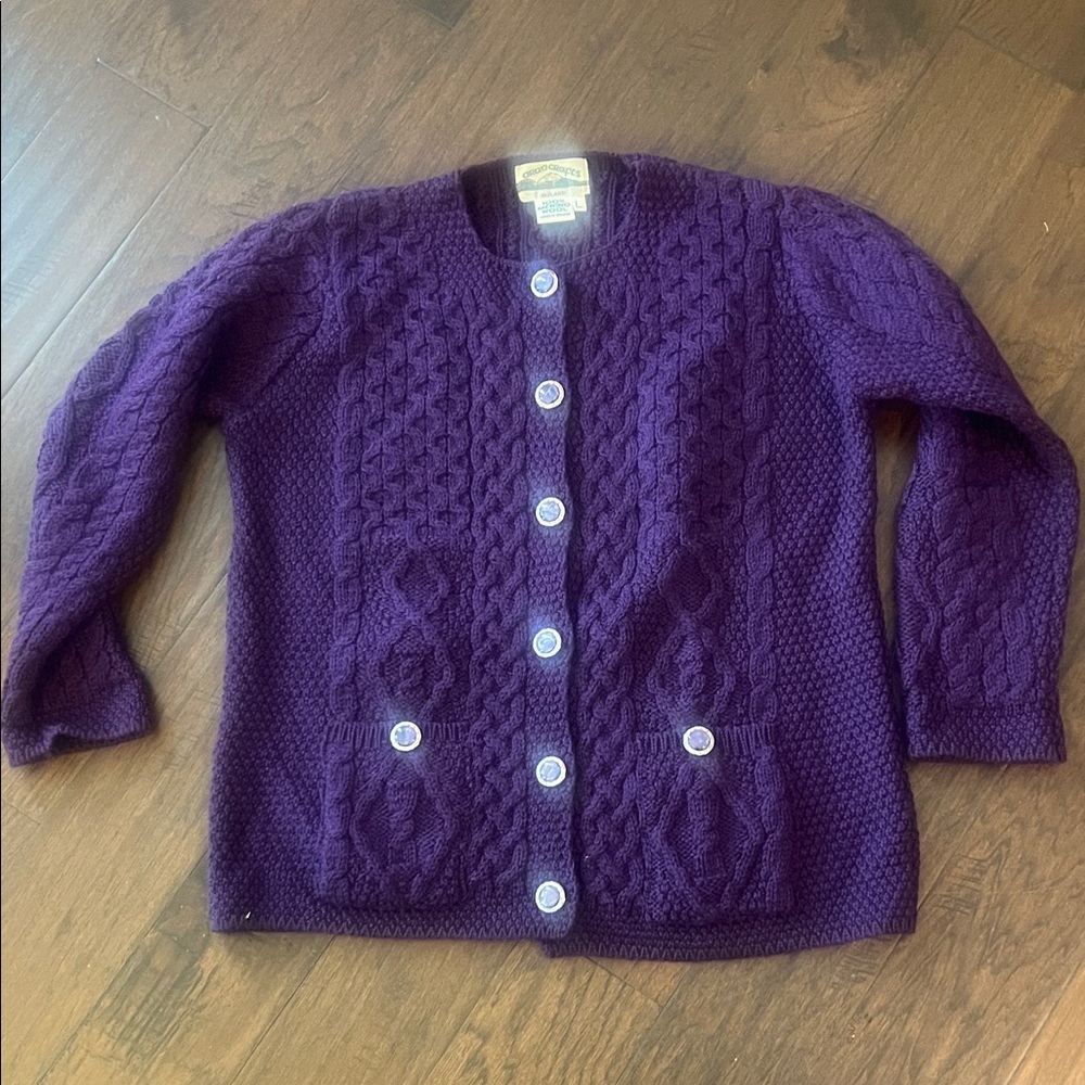 Aran Crafts Deep Purple Chunky Jewel Button Merino Wool Knit Cardigan Large